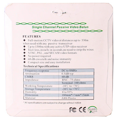 2 PCS Passive UTP Network Video Balun CAT5 to Camera CCTV BNC DVR O-612