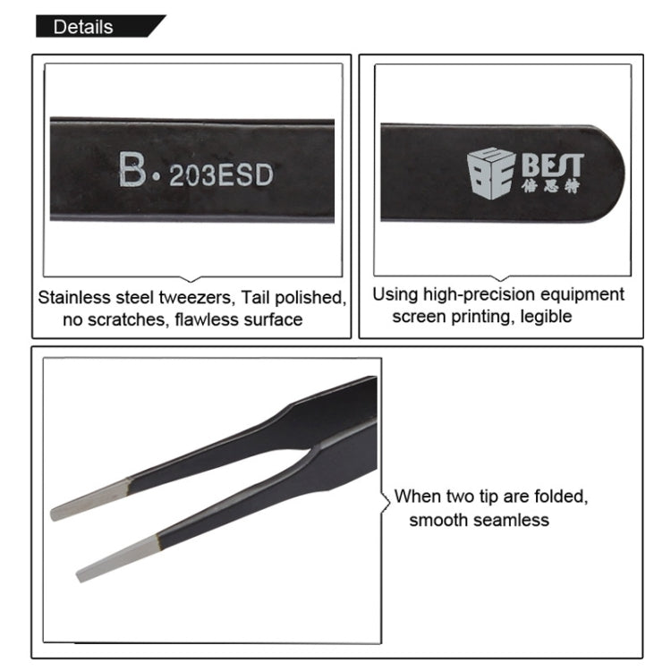 BEST BST-203ESD 202 Stainless Steel Anti-static Tip Tweezers