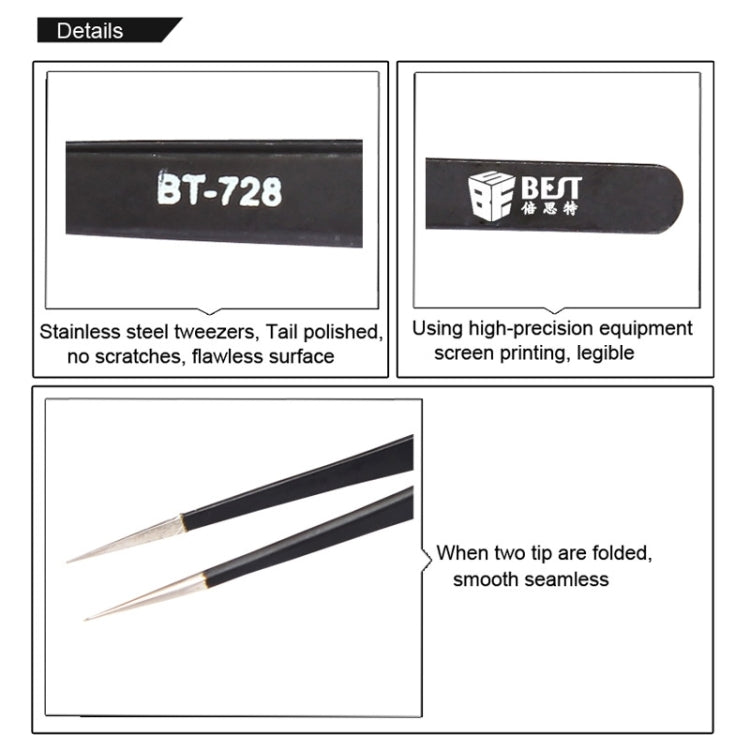 BEST BST-728 202 Stainless Steel Anti-static Tip Tweezers