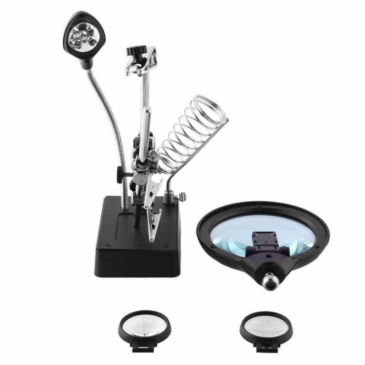 5 LED Auxiliary Clip Magnifier AC/DC Interchangeable with Soldering Stand & Two Magnifier, EU Plug