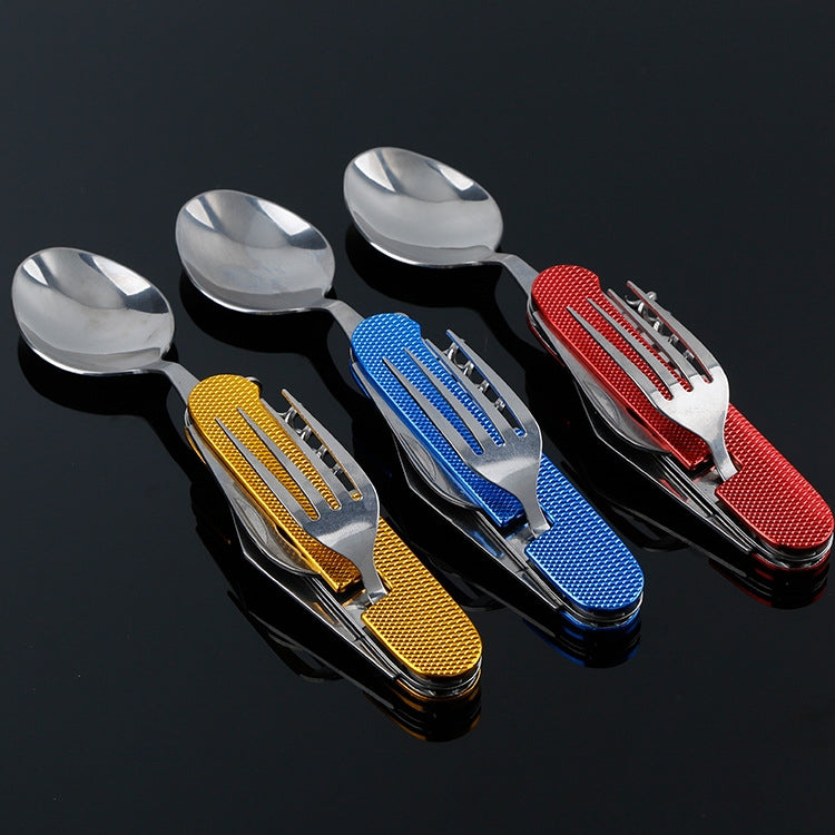 6-in-1 Stainless Steel Travel / Camping Folding Cutlery Set, Spoon + Fork + Knife +  Bottle Opener Set