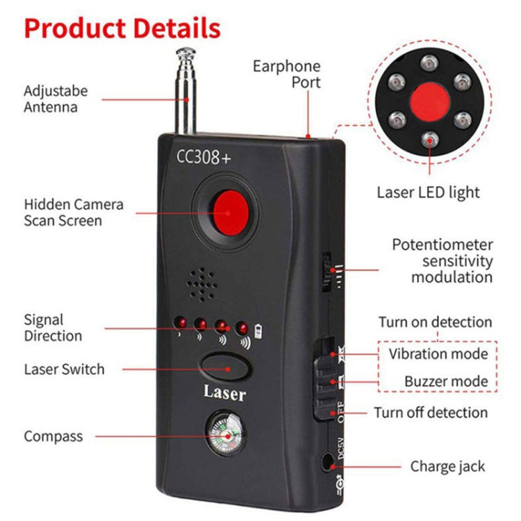 CC308+ Multi Wireless Camera Lens Detector Radio Wave Signal Detect Full-range RF GSM Device Finder
