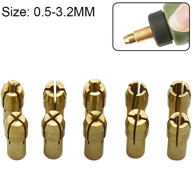 10 in 1 Three-claw Copper Clamp Nut for Electric Mill Fittings，Bore diameter: 0.5-3.2mm