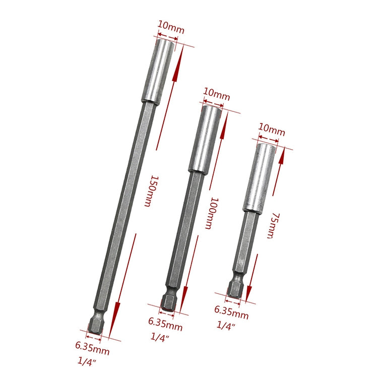 3 in 1 1/4 Electric Batch Head High Magnetism Connecting Rod Pistol Drill Extension Rod Sleeve Fast Turning Joint, Length: 75/100/150mm