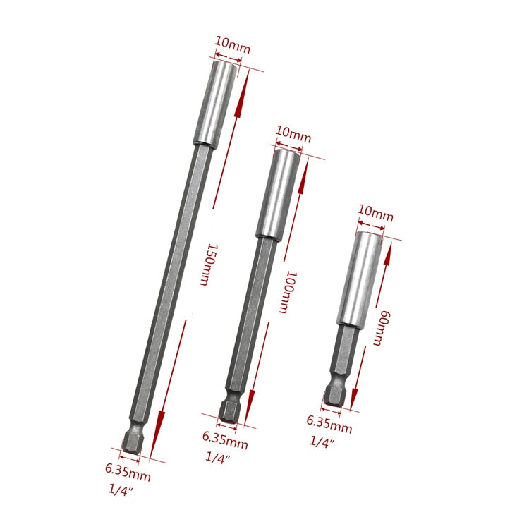 3 in 1 1/4 Electric Batch Head High Magnetism Connecting Rod Pistol Drill Extension Rod Sleeve Fast Turning Joint, Length: 60/100/150mm