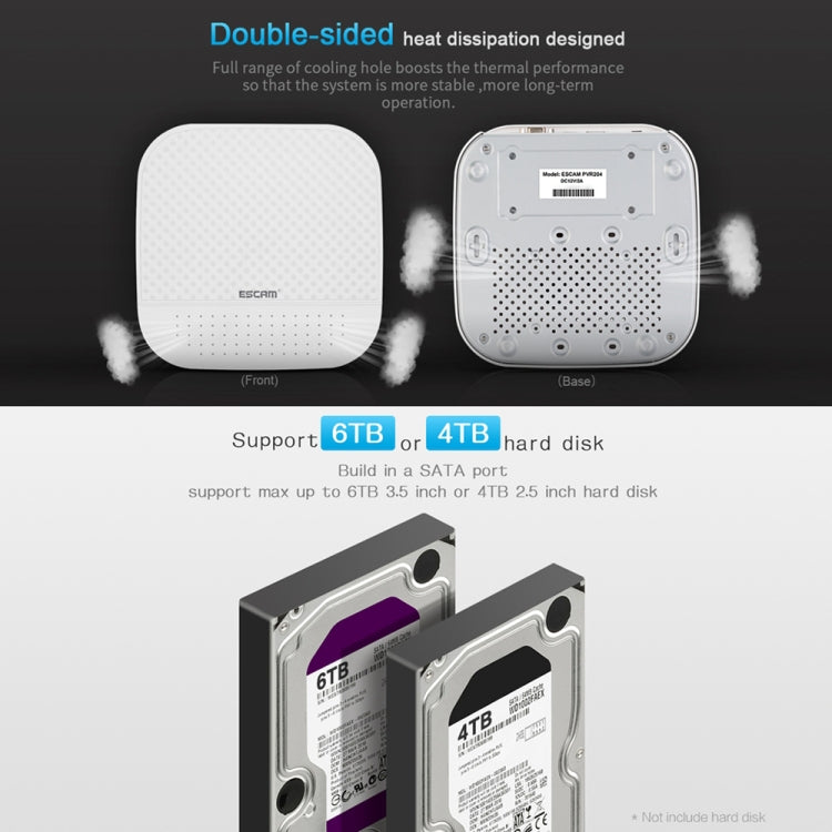 ESCAM PVR204 1080P 4CH+2CH ONVIF NVR Digital Video Recorder with 2CH Cloud Channel for IP Camera System