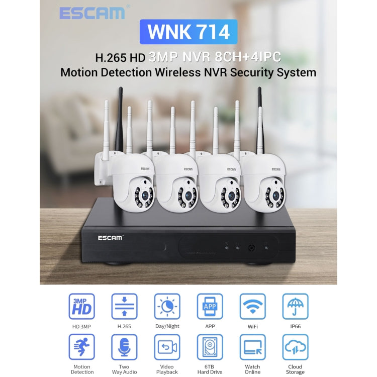 ESCAM WNK714 3.0 Million Pixels 4-channel HD Dome Camera NVR Wireless Monitoring Kit, AU Plug