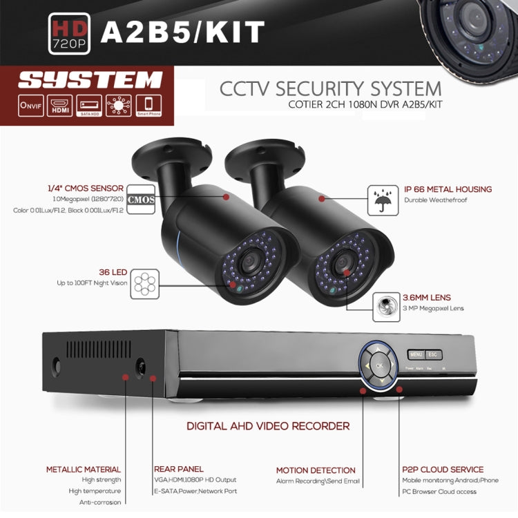 A4B5 4 Channel 720P 1.0 Mega Pixel 4 x Bullet AHD Cameras AHD DVR Kit, Support Night Vision / Motion Detection, IR Distance: 20m
