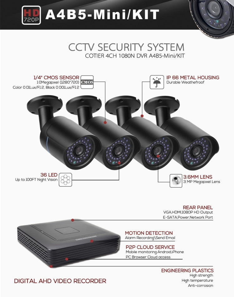 A4B5-Mini 4 Channel 720P 1.0 Mega Pixel 4 x Bullet AHD Cameras AHD DVR Kit, Support Night Vision / Motion Detection, IR Distance: 20m