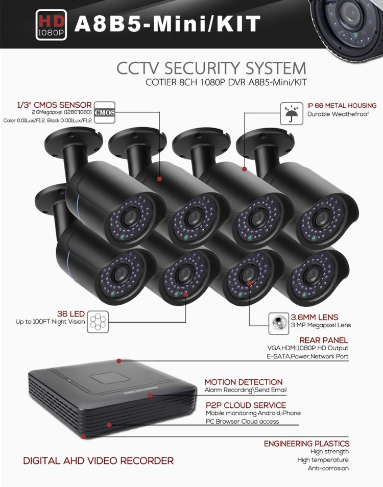 A8B5-Mini 8 Channel 1080P 2.0 Mega Pixel 8 x Bullet AHD Cameras Mini AHD DVR Kit, Support Night Vision / Motion Detection, IR Distance: 20m
