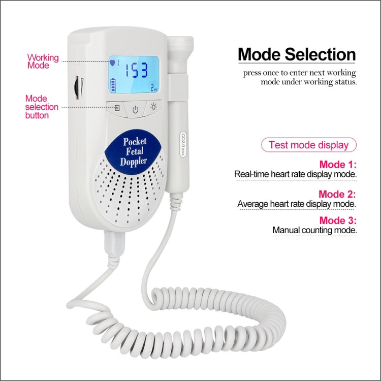 FD-100 Digital Fetal Doppler Ultrasound Sound Baby Heartbeat Detector Monitor LED Digital Prenatal Pocket Fetal Doppler Stethoscope