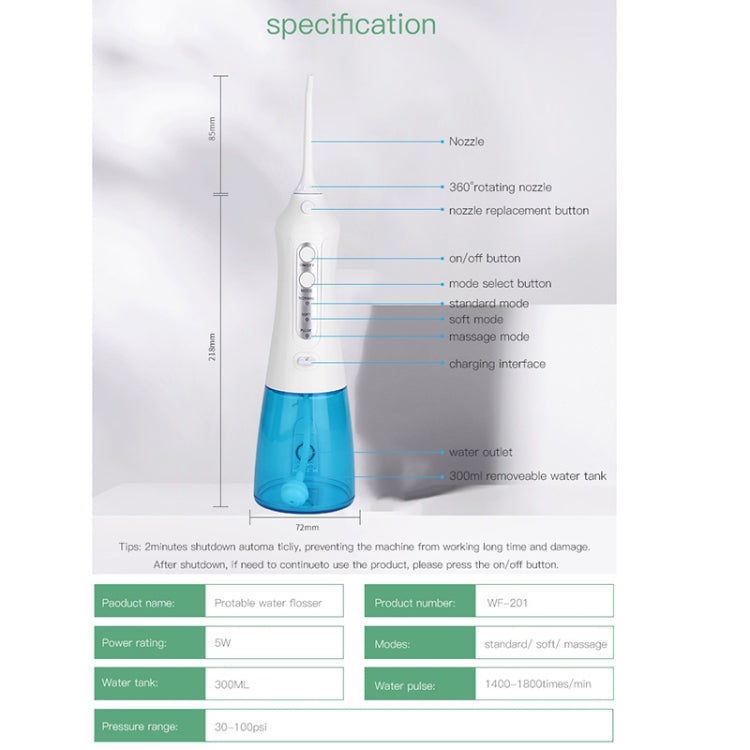 Wireless Water Floss Cleaner Portable 1400mAh USB-Rechargeable Water Flosser IPX7 Waterproof Oral Irrigator, Water Tannk Capacity: 300ML