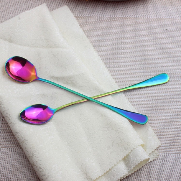 2 PCS Stainless Steel Rainbow Long Handled Coffee Scoops Cold Drink Stirring Spoon for Dessert Cake