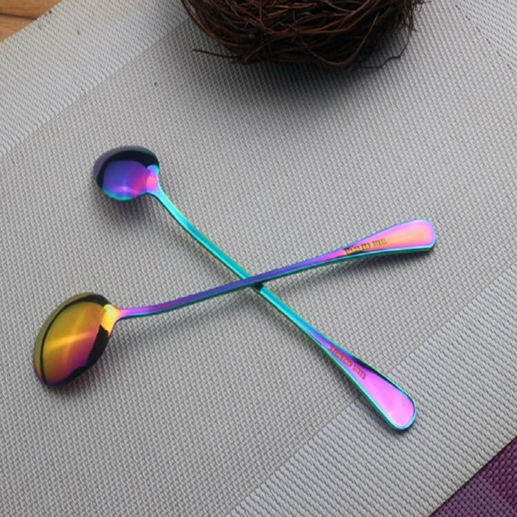 2 PCS Stainless Steel Rainbow Long Handled Coffee Scoops Cold Drink Stirring Spoon for Dessert Cake