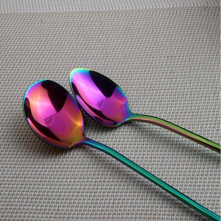 2 PCS Stainless Steel Rainbow Long Handled Coffee Scoops Cold Drink Stirring Spoon for Dessert Cake