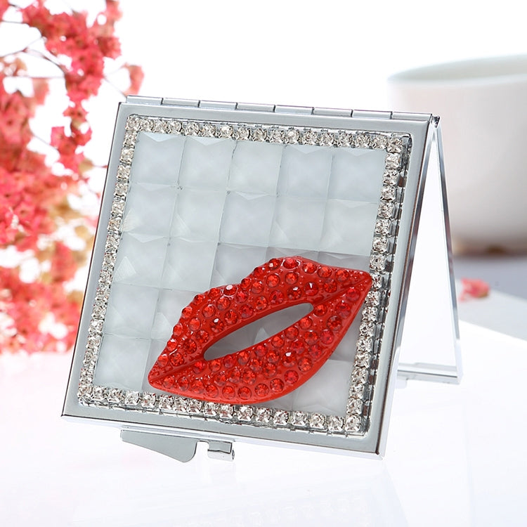 Handmade Diamond Mini Makeup Mirror Portable Double-sided Small Mirror Ruby Red Lips