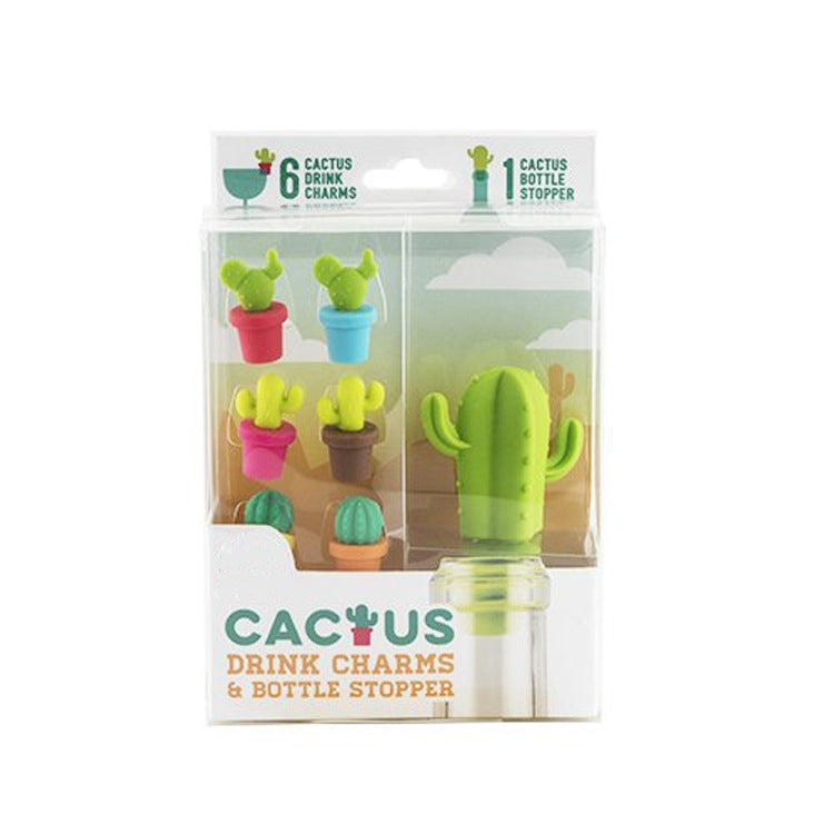 7 PCS Creative Cactus Silicone Wine Bottle Stopper + Wine Glass Marker Set