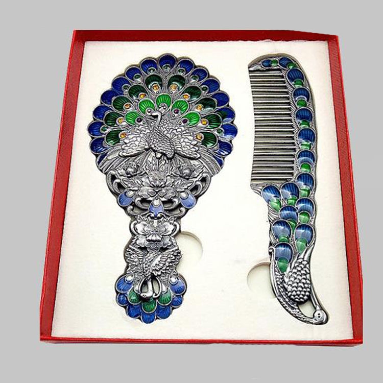 Vintage Handle Peacock Mirror Gift Box Comb Two-piece Portable Makeup Mirror