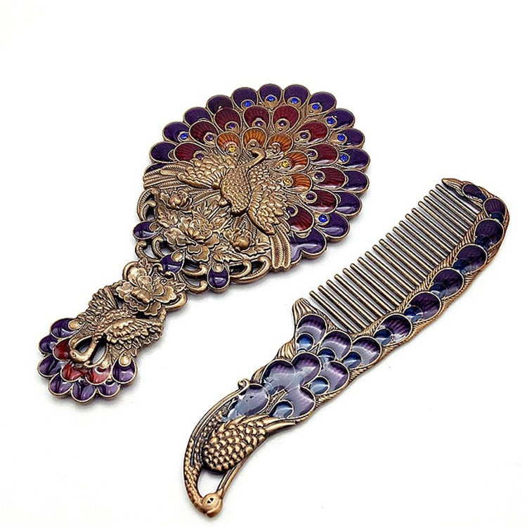 Vintage Handle Peacock Mirror Gift Box Comb Two-piece Portable Makeup Mirror