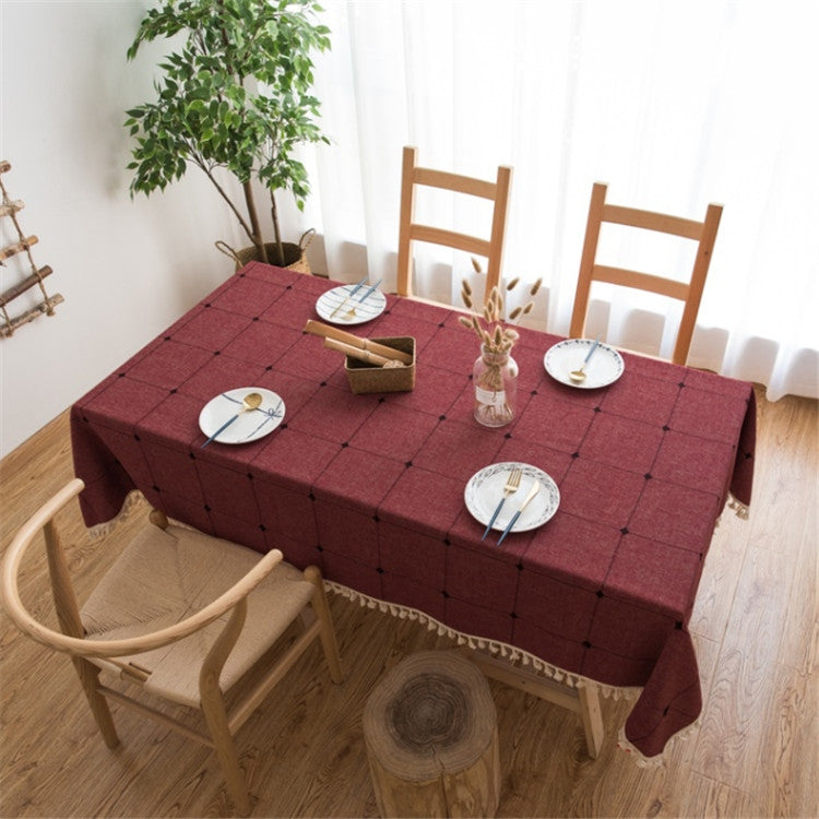 Square Lattice Embroidered Tablecloth Pure Color Cotton Linen Tassel Rectangular Coffee Table Mat