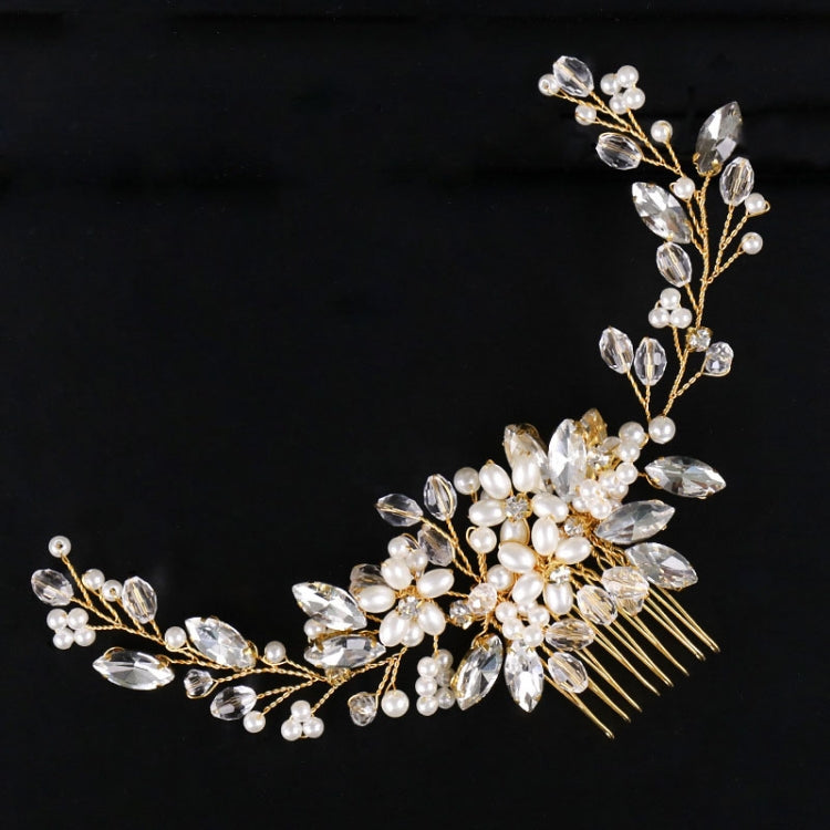 Golden Pearl Headband Tiaras Crystal Rhinestone Bridal Hair Combs Headpiece