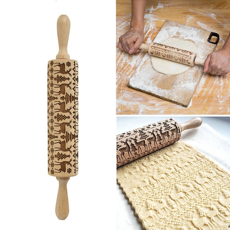 Christmas Embossing Rolling Pin Baking Cookies Fondant Cake Dough Engraved Roller