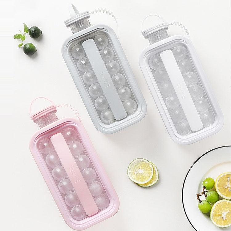 2 in 1 Round Ice Cube Mold Portable Ice Ball Maker Bottle Kettle with Lid White