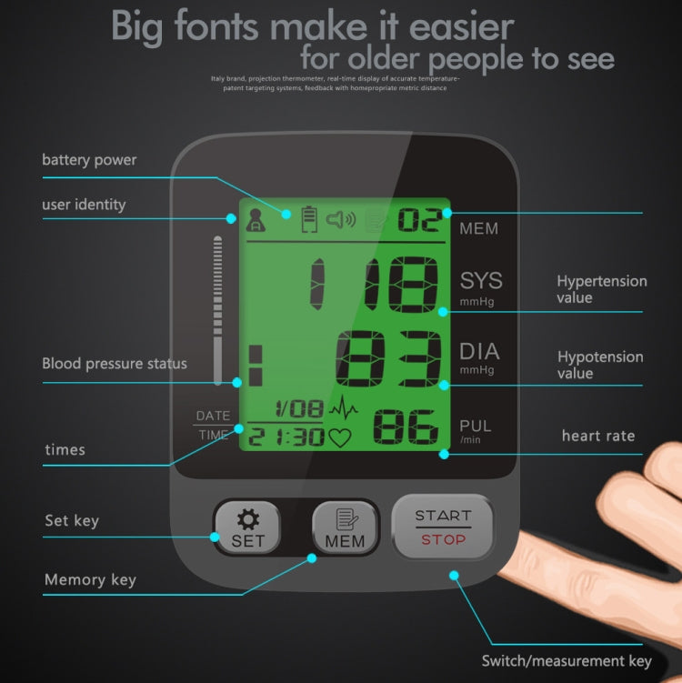 JZ-256A Tri-Color Backlight Automatic Upper Arm Sphygmomanometer Home Electronic Sphygmomanometer