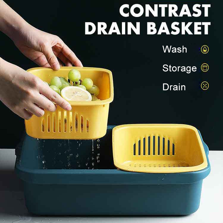 Double-layer Classification Square Drain Basket Kitchen Household Plastic Fruit and Vegetable Basket