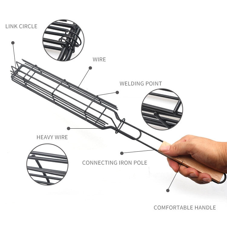 2 PCS Hot Dog Barbecue Cage Sausage Barbecue Clip Barbecue Clip Mesh Wooden Handle Barbecue Mesh Rack