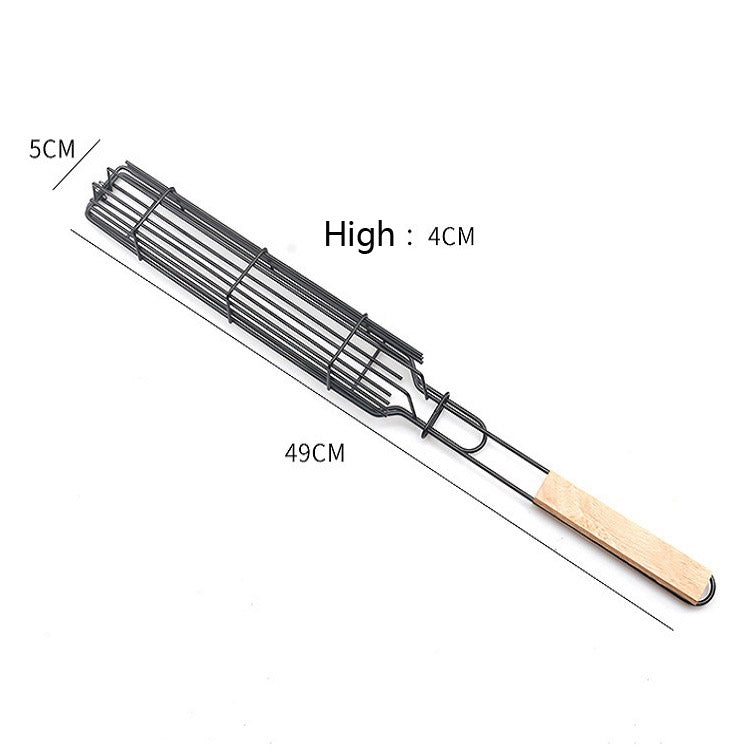 2 PCS Hot Dog Barbecue Cage Sausage Barbecue Clip Barbecue Clip Mesh Wooden Handle Barbecue Mesh Rack