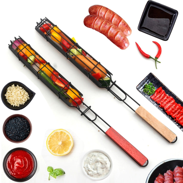 2 PCS Hot Dog Barbecue Cage Sausage Barbecue Clip Barbecue Clip Mesh Wooden Handle Barbecue Mesh Rack