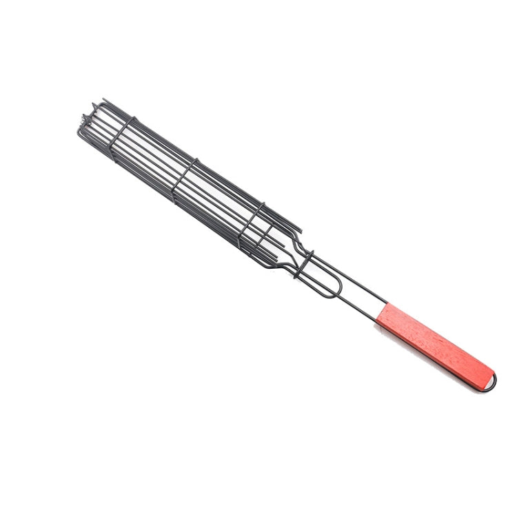2 PCS Hot Dog Barbecue Cage Sausage Barbecue Clip Barbecue Clip Mesh Wooden Handle Barbecue Mesh Rack