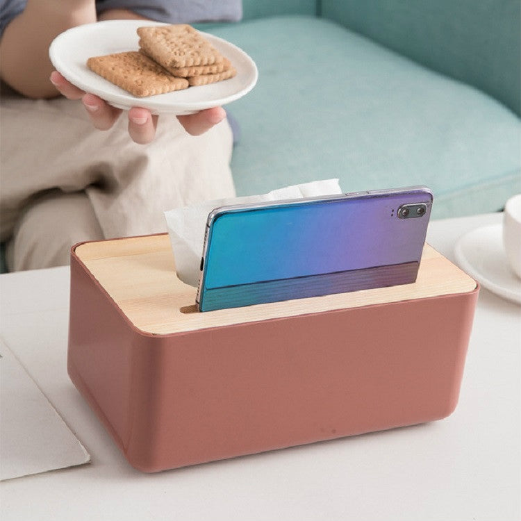 Grooved Drawer Box Home Living Room Tissue Box with Log Cover, Phone Holder Function