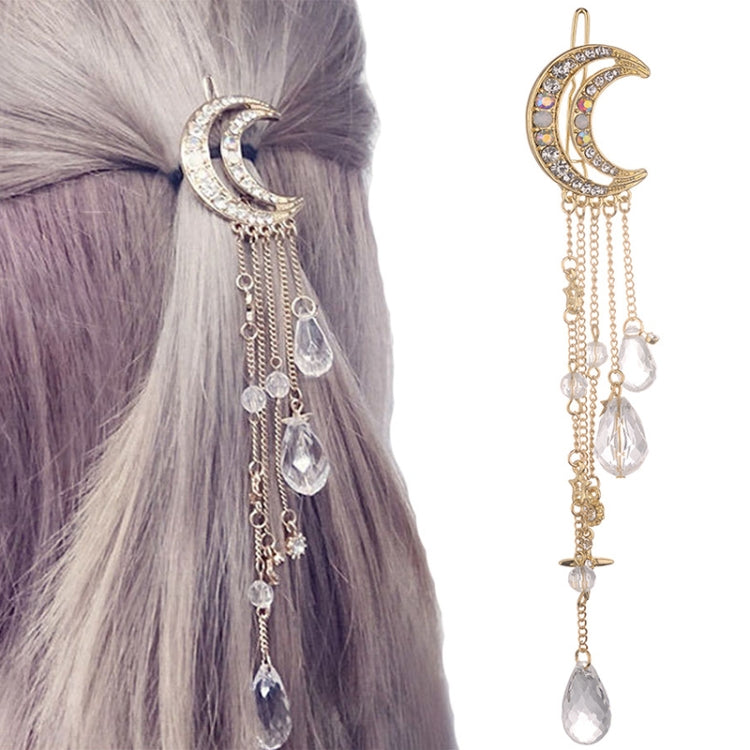 Fashion Elegant Women Lady Moon Rhinestone Crystal Tassel Long Chain Beads Dangle Hairpin Hair Clip Hair Jewelry