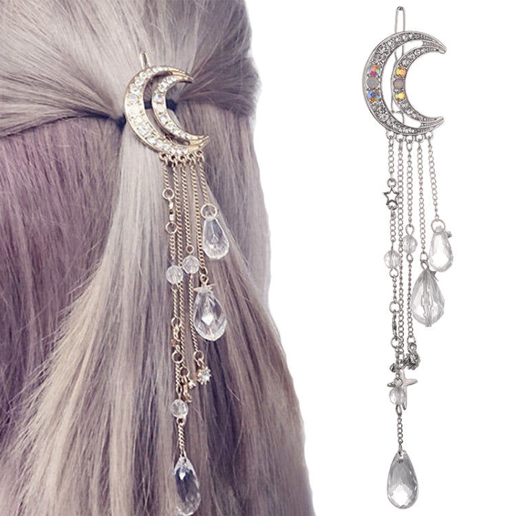 Fashion Elegant Women Lady Moon Rhinestone Crystal Tassel Long Chain Beads Dangle Hairpin Hair Clip Hair Jewelry