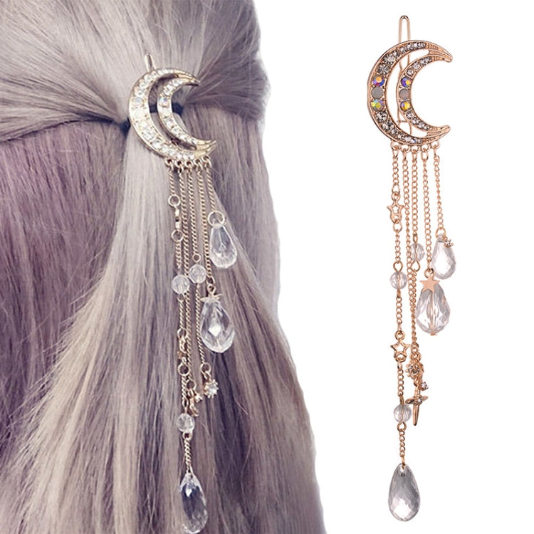 Fashion Elegant Women Lady Moon Rhinestone Crystal Tassel Long Chain Beads Dangle Hairpin Hair Clip Hair Jewelry