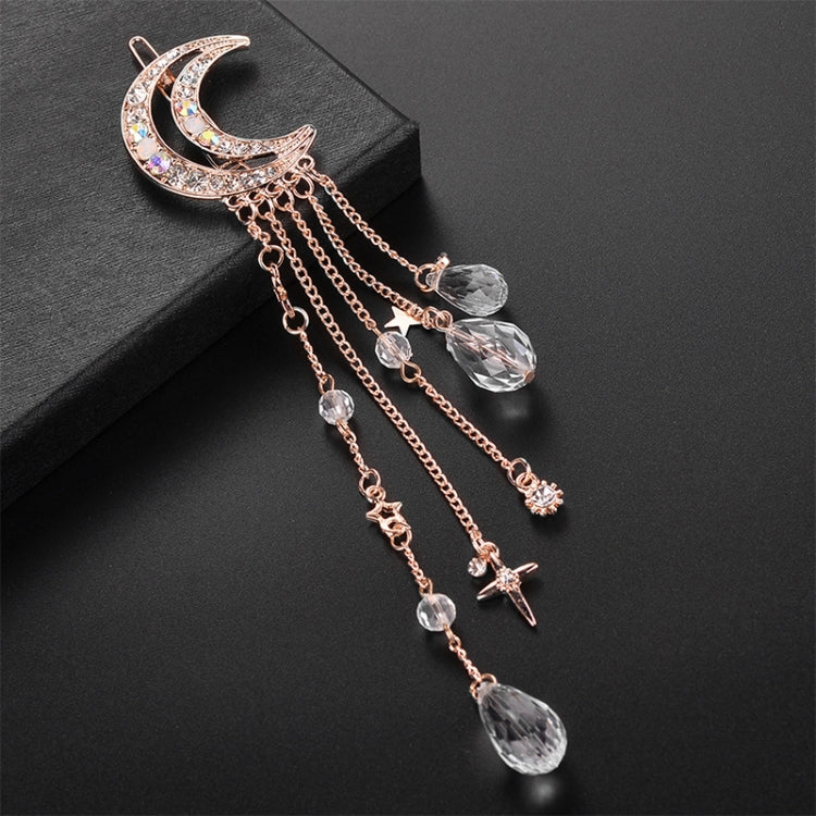Fashion Elegant Women Lady Moon Rhinestone Crystal Tassel Long Chain Beads Dangle Hairpin Hair Clip Hair Jewelry