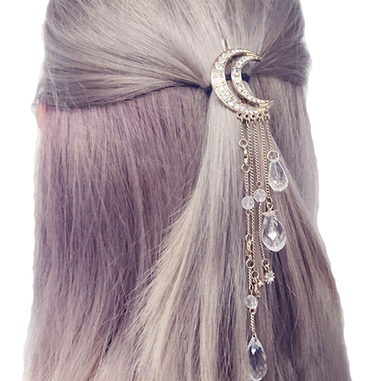 Fashion Elegant Women Lady Moon Rhinestone Crystal Tassel Long Chain Beads Dangle Hairpin Hair Clip Hair Jewelry