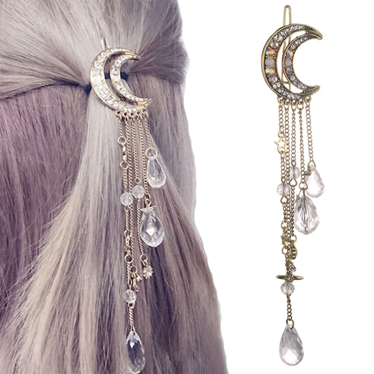 Fashion Elegant Women Lady Moon Rhinestone Crystal Tassel Long Chain Beads Dangle Hairpin Hair Clip Hair Jewelry
