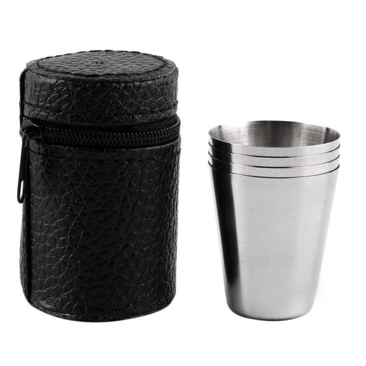 4 in 1 Outdoor Mini Stainless Steel Cup Hiking Camping Travel Portable Drinking Water Cup Set Leather Cup