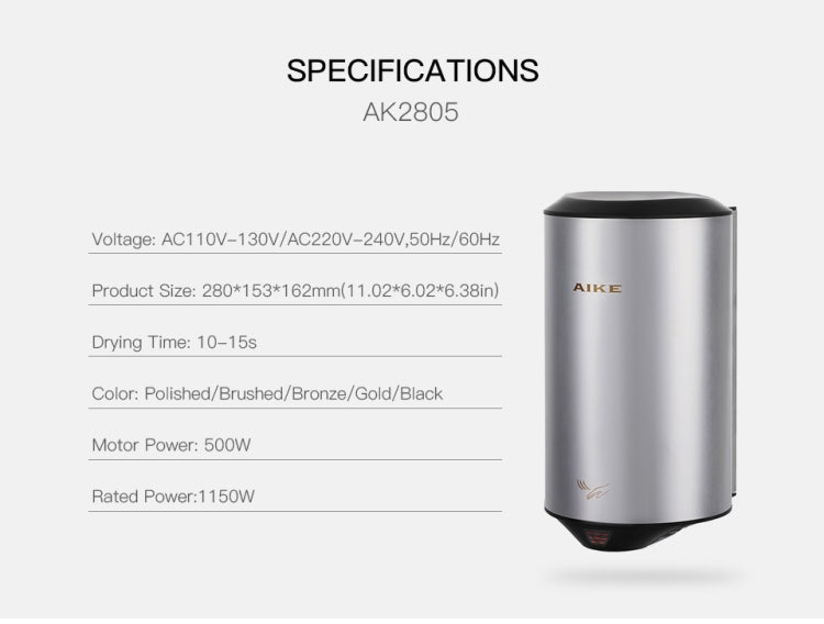 304 Stainless Steel Automatic SensorJet Hand Dryer High Speed Airflow for Home Hotel Airport Hands Drying Machine