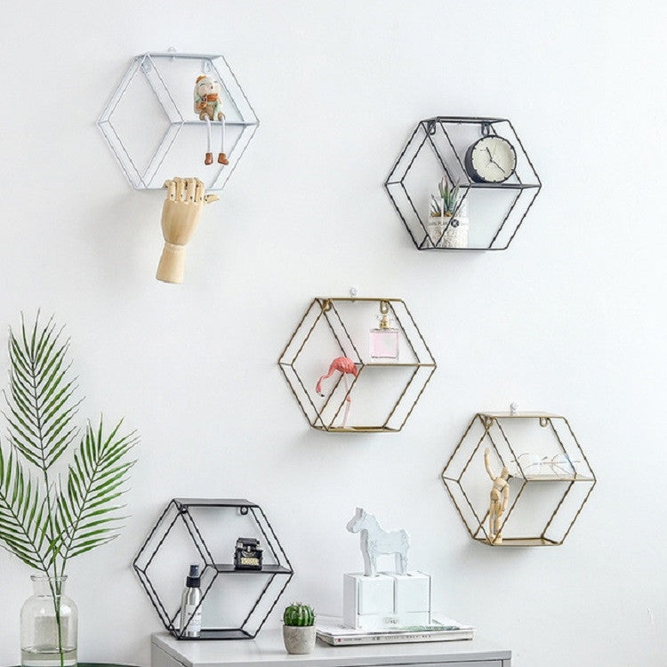 Hanging Wrought Iron Hexagonal Grid Wall Shelf Home Decoration