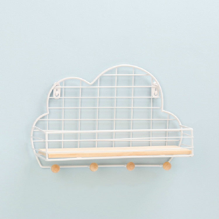 Wrought Iron Grid Cloud Shaped Wall Mounted Shelf Wood Board Home Decoration Hook Rack