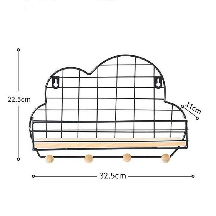 Wrought Iron Grid Cloud Shaped Wall Mounted Shelf Wood Board Home Decoration Hook Rack