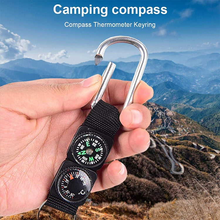 3 in 1 Camping Climbing Hiking Mini Carabiner with Keychain Compass Thermometer Hanger Key Ring Black