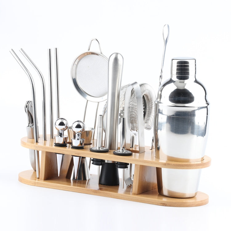 18 in 1 Stainless Steel Cocktail Shaker Set, Oval Bamboo Base, Bar Tool Set