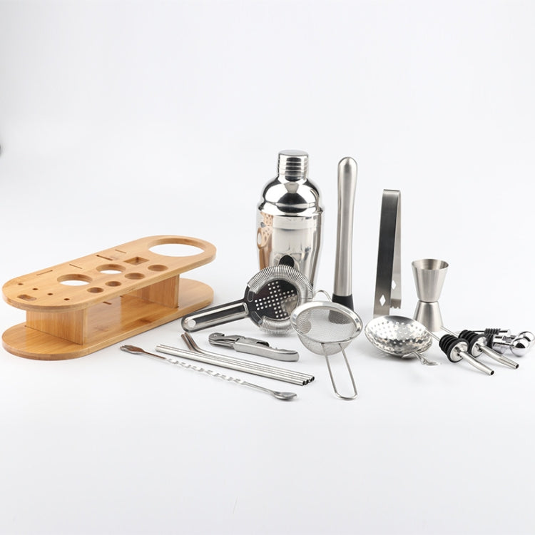 18 in 1 Stainless Steel Cocktail Shaker Set, Oval Bamboo Base, Bar Tool Set