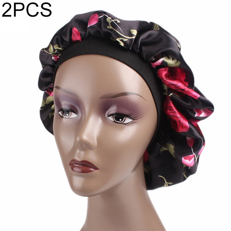 2 PCS Women Satin Night Sleep Cap Hair Bonnet Hat Silk Head Cover Wide Elastic Band
