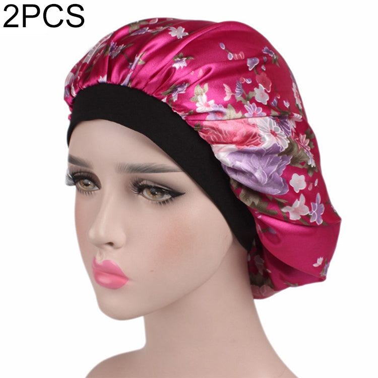 2 PCS Women Satin Night Sleep Cap Hair Bonnet Hat Silk Head Cover Wide Elastic Band